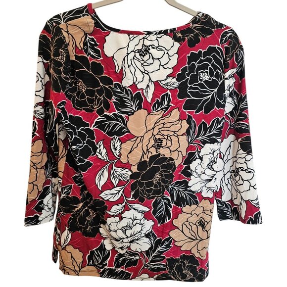 Emily Daniels Red Black Tan Floral Flowers Shirt Stretch Blouse NWT Size S - Picture 2 of 12